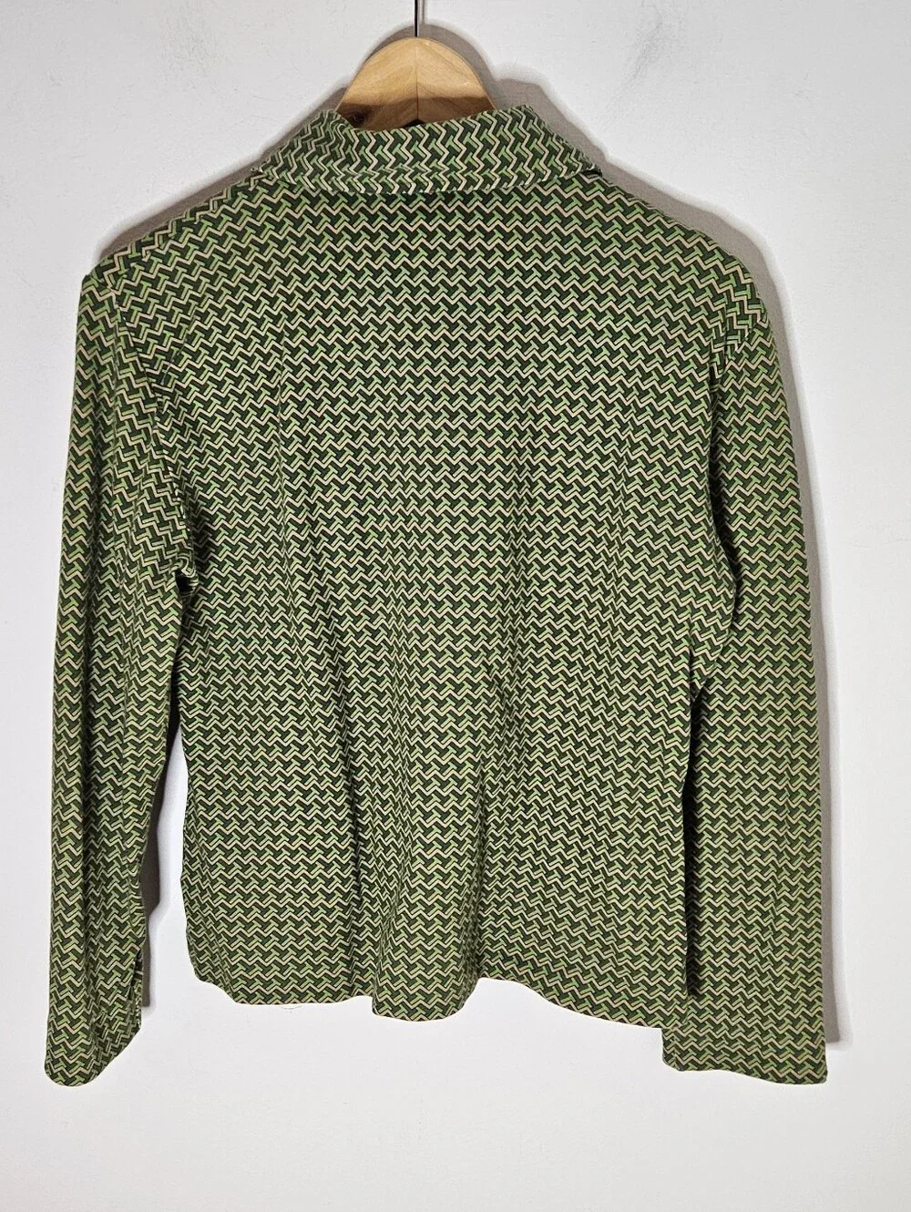 Tory Burch Knit Top Blouse Collar Long Sleeves Green Chevron Women's L Large